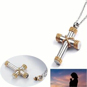 Two-Tone Memorial Cross Necklace Urn Pendant Gold Silver Religious Keepsake